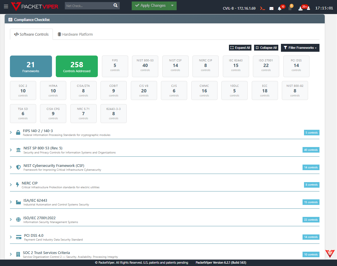 PacketViper Compliance Checklist - 21 frameworks, 258 controls