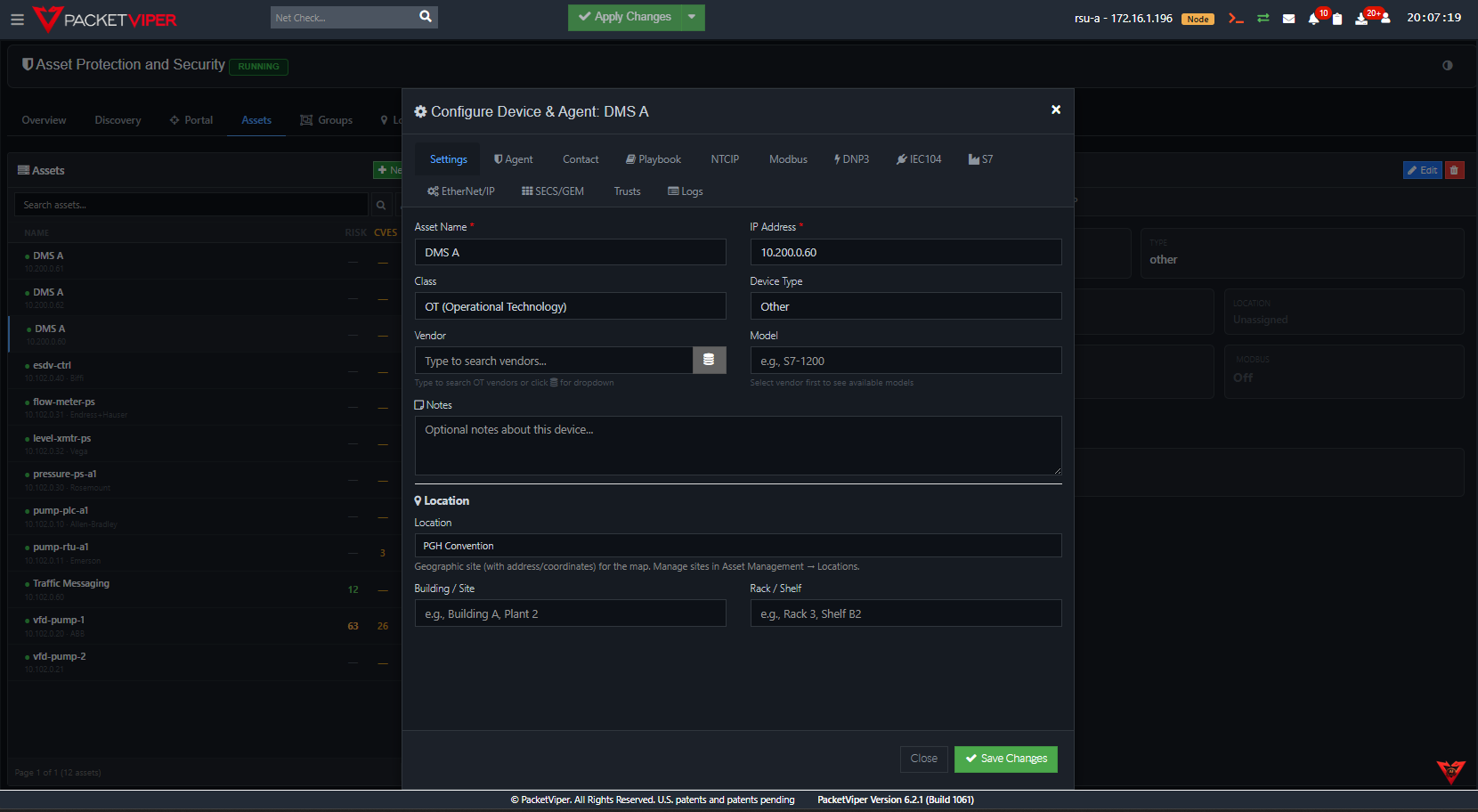 PacketViper per-device configuration showing agentless inline protection scoped to an individual traffic field device across NTCIP and other OT protocols